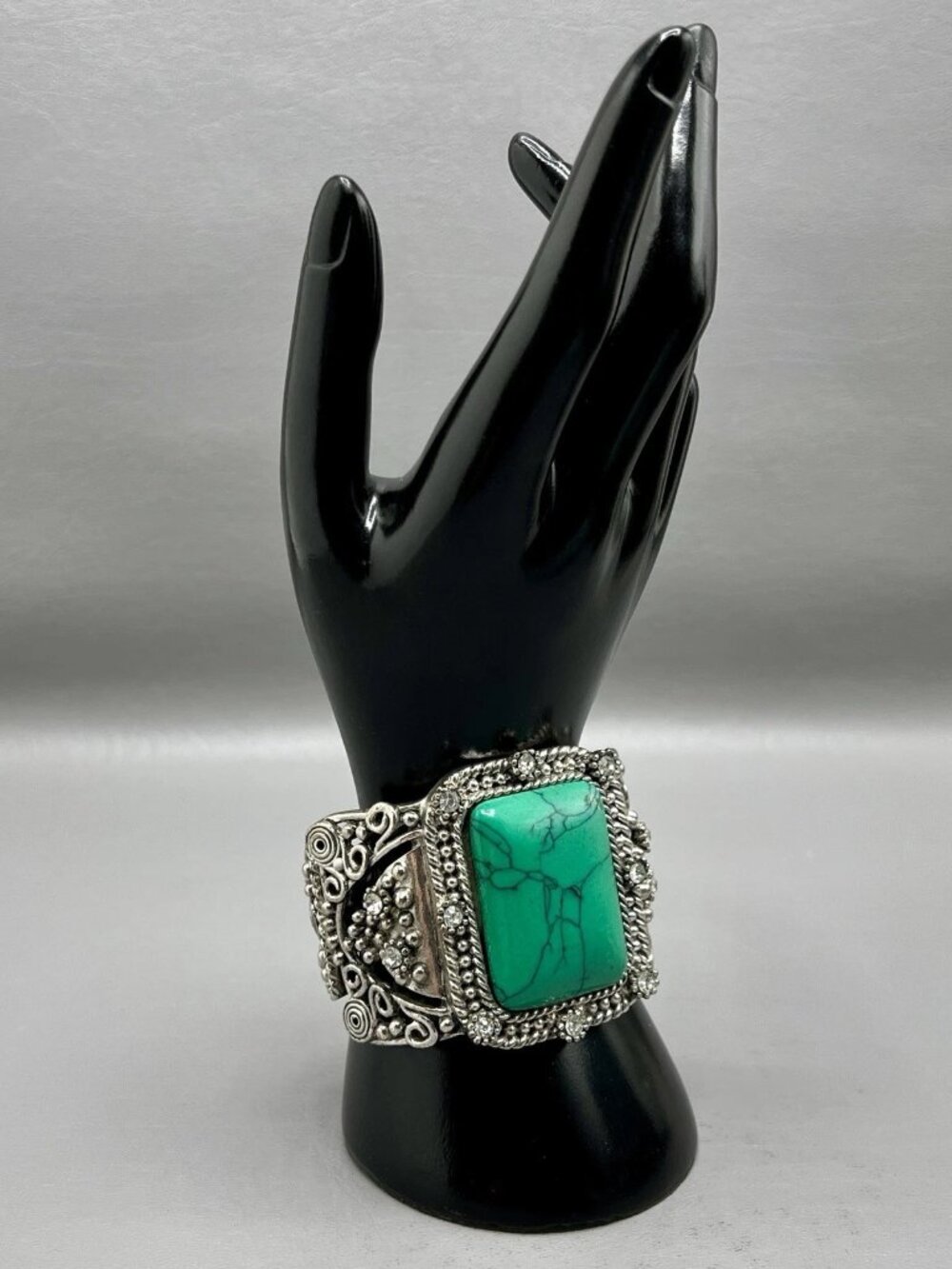Silver Tone Cuff Bracelet Large Faux Turquoise Stone Ornate Western Boho Stateme